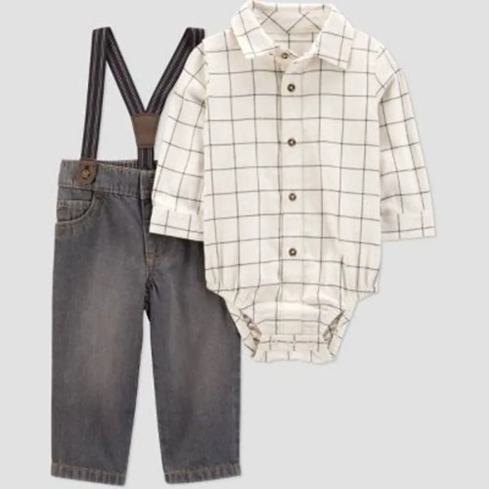 Carter's Baby Boys' 2pc Plaid Suspender Set - Newborn Ivory